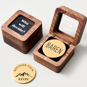 Custom Name Coin Gift, Handmade Decision Flip to Decide for Couples, Brass Tossing Coin with Wood Box, Valentine&#39;s Day Present for Him/Her