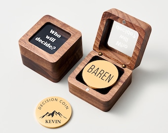 Custom Name Coin Gift, Handmade Decision Flip to Decide for Couples, Brass Tossing Coin with Wood Box, Valentine's Day Present for Him/Her