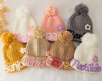 Custom Embroidered Name Beanie, Monogrammed Knit Winter Hat, Handmade Pom Beanie, Perfect Warm Baby Shower Gift for Infants
