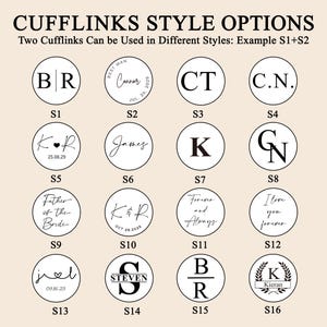 May include: Image showcasing various cufflinks style options. Each cufflink design is circular, featuring initials, names, dates, or phrases like "Forever and Always." The text "CUFFLINKS STYLE OPTIONS" is at the top.