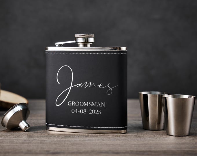 Custom Engraved PU Leather Flask with Personalized Name & Dates, Luxury Groomsmen Gift Set for Best Man, Wedding Proposal, Anniversary Gifts