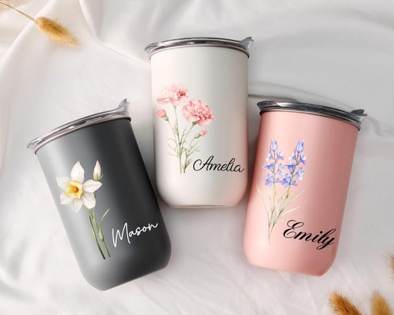 Insulated Birth Flower Cup, Stainless Steel Tumbler, Custom Name Travel Mug, Perfect Bridesmaid Proposal, Wedding & Bachelorette Party Favor