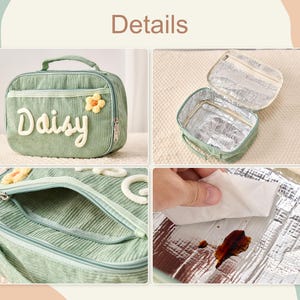 May include: A sage green corduroy lunch bag with a top handle and zipper closure. The front features the white text "Daisy" and a small yellow flower applique. The interior is lined with silver thermal insulation material for temperature control.