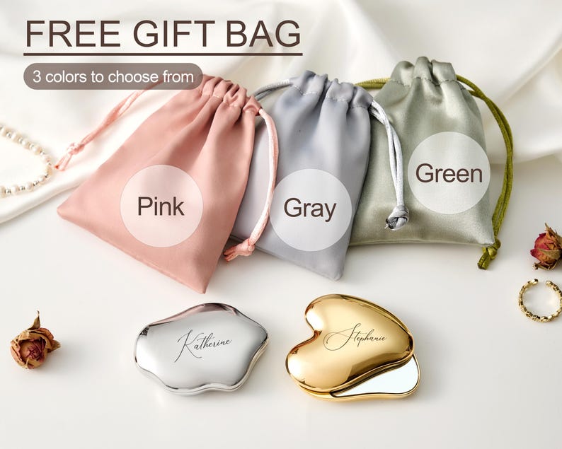 May include: A product shot featuring three drawstring gift bags in pink, gray, and green, with the text "3 colors to choose from" and "Free Gift Bag". Two personalized compact mirrors, one silver and one gold, are also displayed.