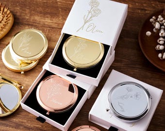 Engraved Compact Mirror for Bridesmaids, Personalized Pocket Makeup Mirror with Gift Box, Wedding Thank You Favor & Elegant Keepsake Gift