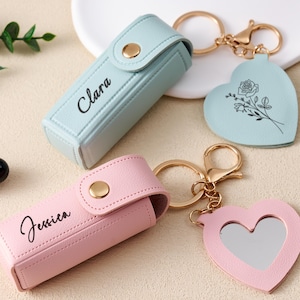 Personalised Leather Lipstick Case with Birth Flower Mirror, Engraved Name Holder Keyring, Makeup Gift for Her, Birthday or Valentine&#39;s Day