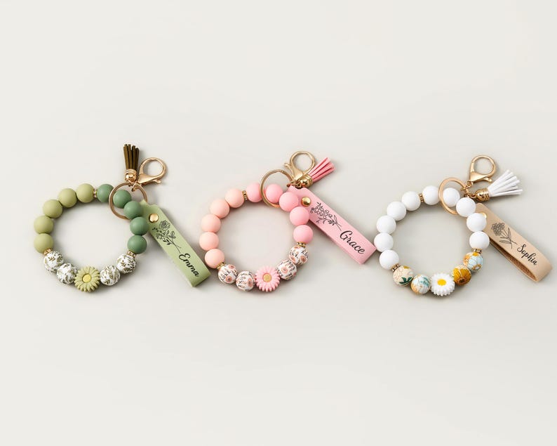 Silicone Beaded Wristlet Keychain Bracelet, Stretch Keychain With Faux ...