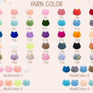 May include: A color chart titled YARN COLOR displaying thirty-five individual yarn balls shaped like cat heads labeled Y1 through Y35, plus four groups of four yarn balls labeled MultiColor-1, MultiColor-2, MultiColor-3, and MultiColor-4.
