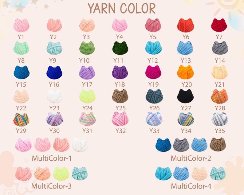May include: A color chart titled YARN COLOR displaying thirty-five individual yarn balls shaped like cat heads labeled Y1 through Y35, plus four groups of four yarn balls labeled MultiColor-1, MultiColor-2, MultiColor-3, and MultiColor-4.