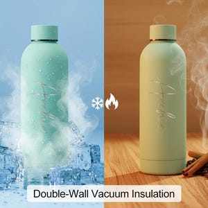 May include: Two insulated water bottles, one in a cool blue setting with ice cubes and the other in a warm setting with cinnamon sticks and coffee beans. The bottles are mint green with the word "Amelie" in a script font. Text indicates 8H cold and 12H hot.
