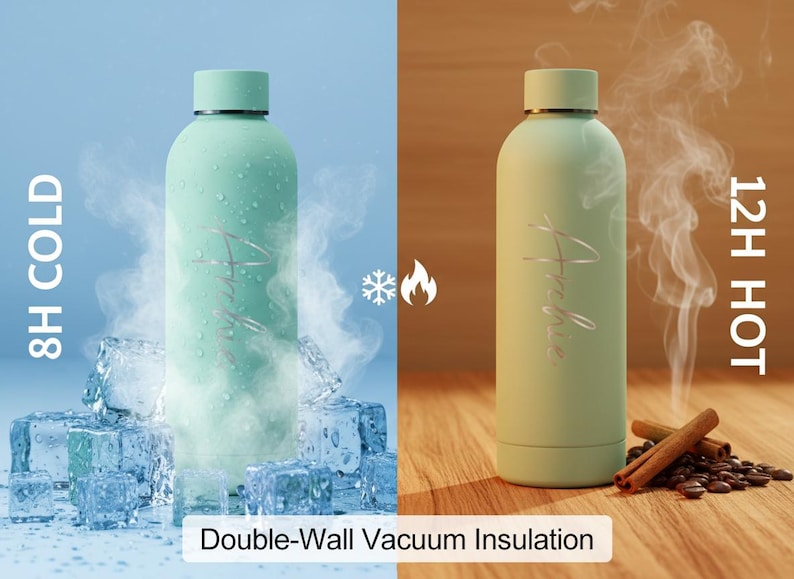 May include: Two insulated water bottles, one in a cool blue setting with ice cubes and the other in a warm setting with cinnamon sticks and coffee beans. The bottles are mint green with the word "Amelie" in a script font. Text indicates 8H cold and 12H hot.