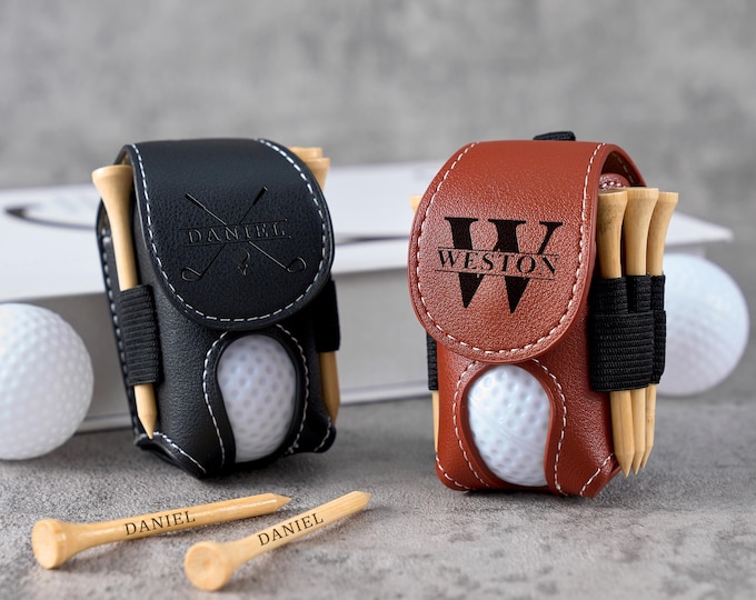 Custom Golf Ball Bag with Name & Engraved Tees, Personalized Leather Golf Pouch, Golf Tee Holder Ball Organizer, Golf Keychain for Men