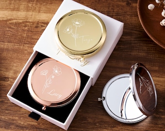 Engraved Pocket Makeup Mirror with Gift Box, Custom Bridesmaid Compact Mirror, Elegant Wedding Party Favor and Bridal Shower Gift