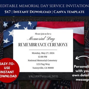 Honorez et n'oubliez pas – modèle d'invitation modifiable pour la cérémonie du Memorial Day - téléchargement immédiat - modèle canva - funérailles militaires du Memorial Day