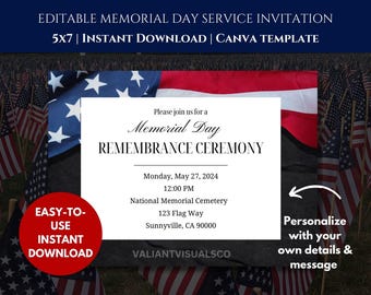 Honor and Remember – Editable Memorial Day Ceremony Invitation Template - Instant Download - Canva Template - Memorial Day Military Funeral