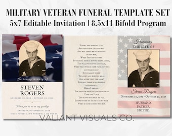 Editable Military/Veteran Funeral Canva Template Set | 5x7 Funeral Invitation & 8.5x11 Bifold Program | Memorial Service | Printable Tribute