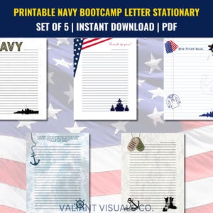 May include: Set of five printable Navy bootcamp letter stationery pages. Each page features a different Navy-themed design, including an anchor, a ship, and the words "Navy" and "Fear Future Failure".