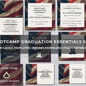 Pacchetto di elementi essenziali per la laurea al campo di addestramento militare / Modelli Canva modificabili / Inviti per feste, cartelli e grafica per social media / Pacchetto di modelli