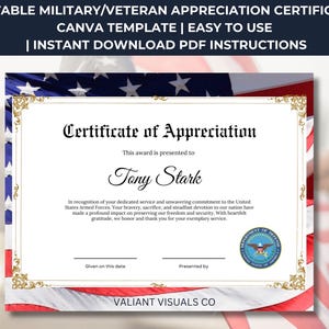 Fully Editable Military Certificate of Appreciation Canva Template – Customizable Award Template for Military Personnel, Instant Download