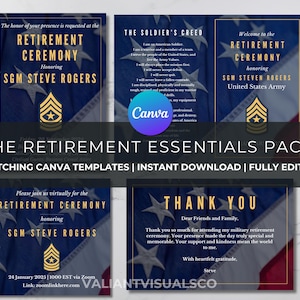 Military Retirement Essentials Canva Template Pack - Fully Editable 5x7 Invitation, 8.5x11 Bifold Program, 4x6 ThankYou Card, & Social Media