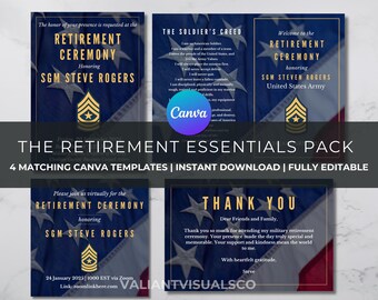 Military Retirement Essentials Canva Template Pack - Fully Editable 5x7 Invitation, 8.5x11 Bifold Program, 4x6 ThankYou Card, & Social Media