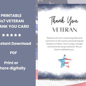 Tarjeta de agradecimiento para veteranos imprimible / Descarga instantánea de 5 x 7 / Tarjeta de felicitación de agradecimiento militar / PDF listo para imprimir / Tarjetas del Día de los Veteranos