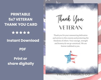 Printable Thank You Veteran Card | 5x7 Instant Download | Military Appreciation Greeting Card | Ready to Print PDF | Veterans Day Cards