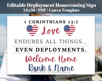 Editable 24x36 Welcome Home Sign | Deployment Return | Bible Verse | Canva Template | Navy Army Marines Air Force Coast Guard Space Force