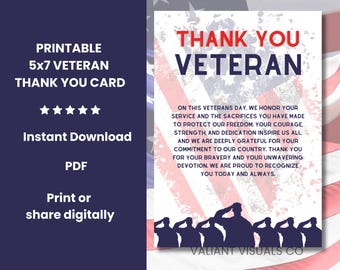 Printable Thank You Veteran Card | 5x7 Instant Download | Military Appreciation Greeting Card | Ready to Print PDF | Veterans Day Cards