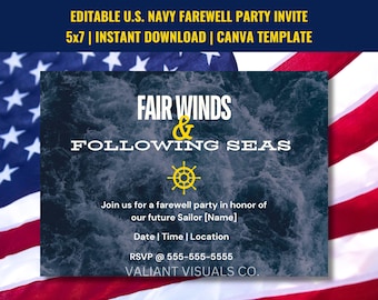 Editable U.S. Navy Farewell Invitation 5x7 Canva Template | Nautical Theme Going Away Party Invite | Military Send-Off Celebration