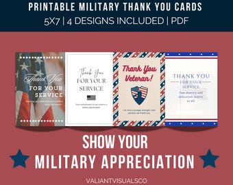 Printable Veteran Thank You Cards - Set of 4 Designs | 5x7 Digital Download | Army Navy Marines Air Force Space Force Coast Guard | PDF