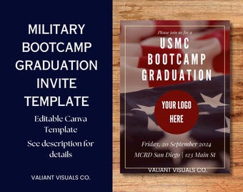 Editable Military Bootcamp Graduation Invitation Template | Modern Patriotic Canva Design | Marine Navy Air Force Army Bootcamp Graduation