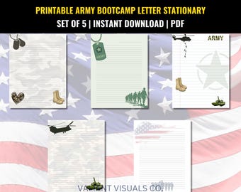 U.S. Army Boot Camp Letter Stationery Set | 5 Patriotic Designs | Printable Military Stationery for Writing to Loved Ones in Boot Camp