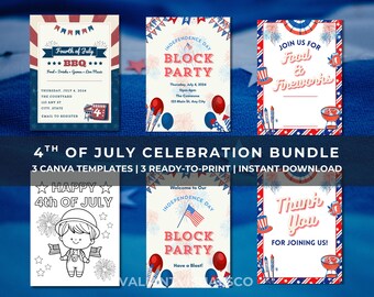 4th of July Party Bundle | Editable Invite, Flyer, Kids Coloring Pages, Welcome Sign & Thank You Card | Patriotic BBQ Decor | Canva Template