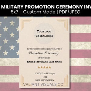 Custom 5x7 Single-Sided Military Promotion Ceremony Invitation | Army Navy Marines Air Force Coast Guard Space Force | Custom Made PDF JPEG