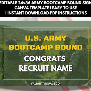 Op de afbeelding: Een rechthoekig bord met de tekst "U.S. ARMY BOOTCAMP BOUND" in het geel, over een achtergrond van soldaten en een helikopter. Het bord bevat ook de tekst "CONGRATS RECRUIT NAME" en "VALIANT VISUALS CO."