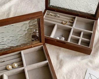 Customized  Walnut Jewelry Box for woman | Vintage Solid Wood & Glass Wedding Gift | Engravable keepsake Box with Brass Details