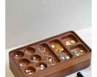 Walnut Wood Jewelry Box|vintage Earring box|Retro Wooden Ring Organizer|Double-Layer Necklace Storage