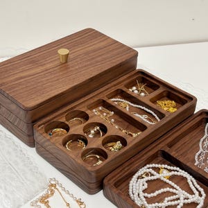 Stapelbarer Schmuckschatulle aus Walnussholz - mehrschichtiges Vintage-Design für kleinen Schmuck, einzigartige Schichtaufbewahrung, Hochzeitsgeschenk für Sie und Geburtstag