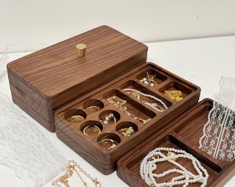 Stackable Walnut Jewelry Box Organizer - Multi-Tier Vintage Design for Small Jewelry, Unique Layer Storage