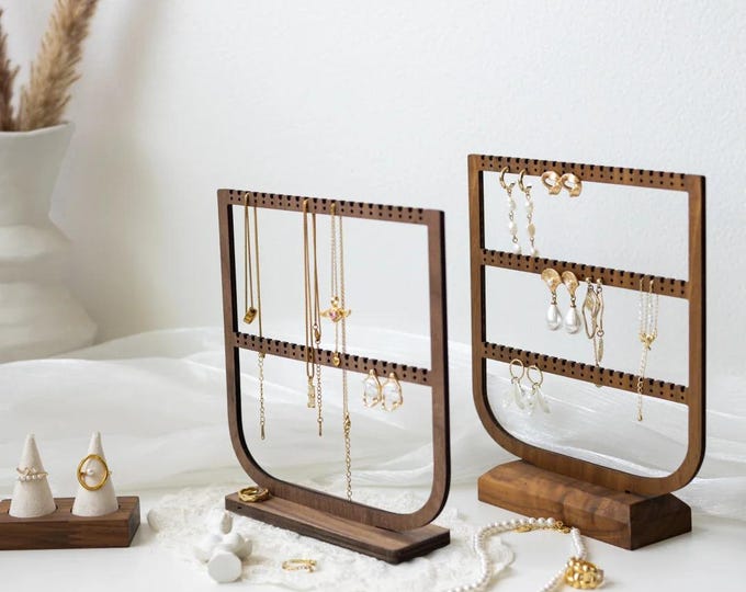 Eleganter Walnuss-Halskettenständer | Multilayer Ohrringhalter|Halskettenhalterständer|Hölzerne Halskette Display | Ohrring Veranstalter | Schmuckständer