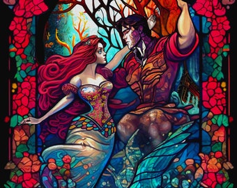 Ariel Saves Prince Eric/ a Museum quality Giclee Print/Stained Glass Print