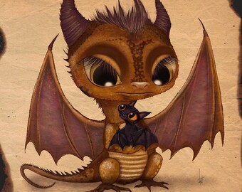 SIGNED ARTIST PROOF -Copper Dragon-Bat-Illustration- giclee print
