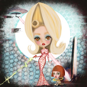 May include: A digital illustration of two dolls. The doll on the left has blonde hair, a red and white dress, and is holding a red flower. The doll on the right has red hair and is wearing a blue dress. The background is a blue and white pattern.