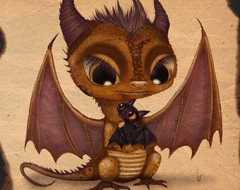 LIMITED EDITION art print -Copper Dragon-Bat-Illustration- giclee print- giclee print