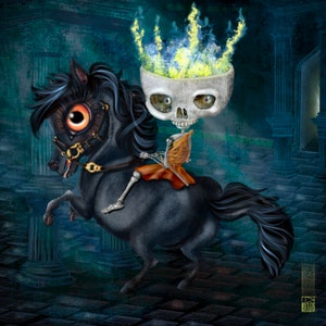 May include: A skeletal figure with a flaming skull head riding a black horse. The horse is wearing a bridle and the rider is holding a book. The scene is set in a dark, mysterious, and possibly ancient setting.