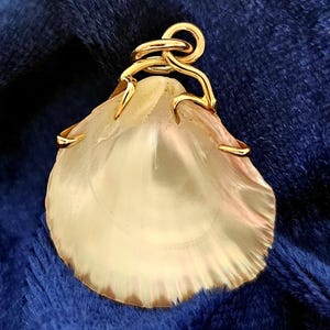 Rare 9ct gold set antique natural iridescent shell pendant charm Caron Power Jewellery