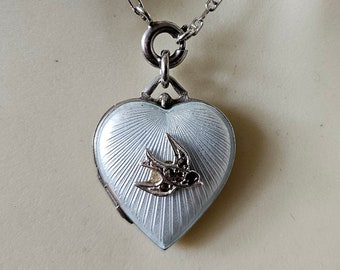 Art Deco guilloche enamel heart locket with swallow bird sterling silver marcasite ruby white fidelity pendant charm Caron Power Jewellery