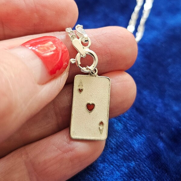 Rare antique silver ace of hearts charm necklace pendant cartomancy enamel tarot love Caron Power Jewellery