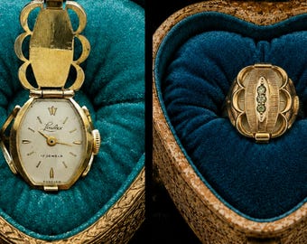 Raro anello per orologio vintage francese in oro Lindex con medaglione apribile Caron Power Jewellery